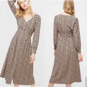 J Crew Leopard Print Button Front A-Line Midi Dress Long Sleeve Tan Brown Size 2